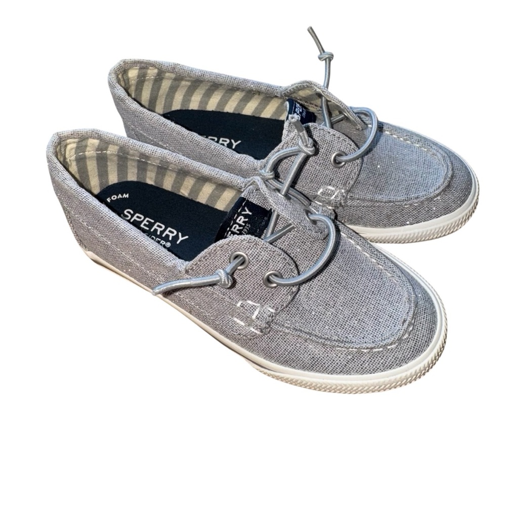 Sperry Lounge Away Jr Slip On Boat Shoes Girls Size 11M Grey With Silver Sparkle